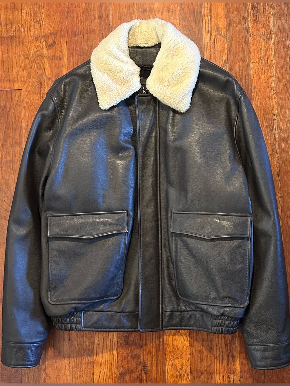 Vintage Jos. A Bank Leather Shearling Fur Collar Flight Bomber Jacket M